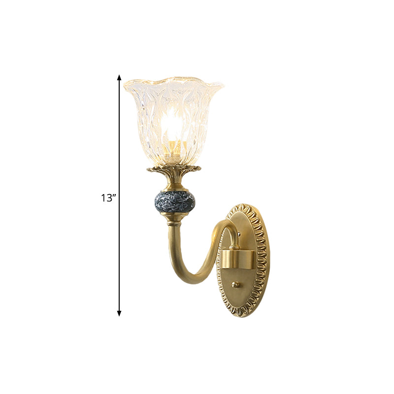 Classic Brass Floral Wall Sconce With Clear Ribbed Glass And Swooping Arm - 1/2-Head Mount Lamp