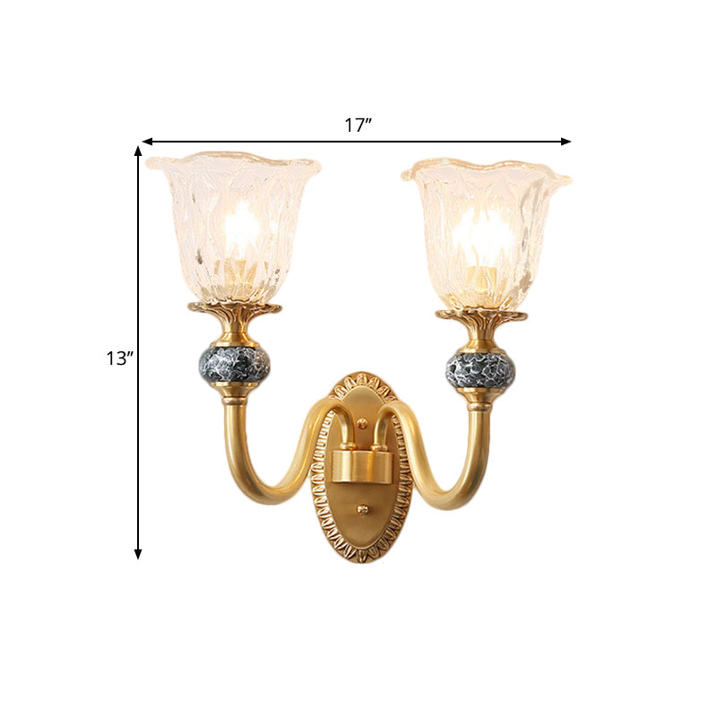 Classic Brass Floral Wall Sconce With Clear Ribbed Glass And Swooping Arm - 1/2-Head Mount Lamp