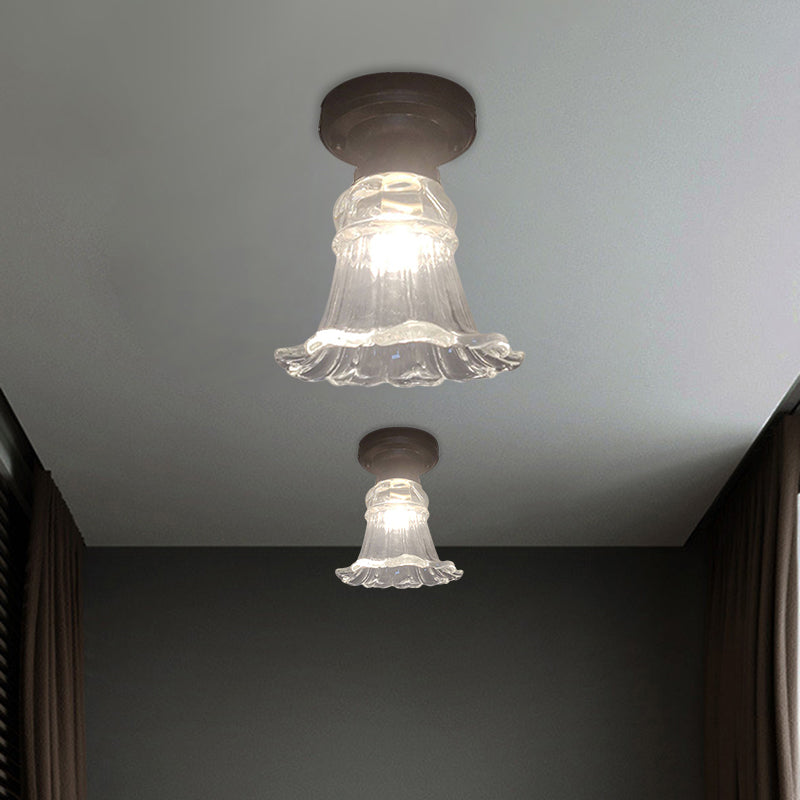 Rustic Fluted Glass Ceiling Lamp: Rural Style Blossom Flush Mount In Black Clear