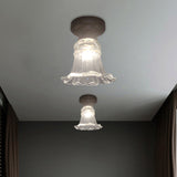 Rustic Fluted Glass Ceiling Lamp: Rural Style Blossom Flush Mount In Black Clear