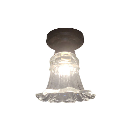 Rustic Fluted Glass Ceiling Lamp: Rural Style Blossom Flush Mount In Black