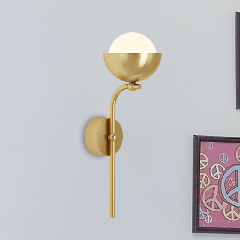 Metallic Hemisphere Wall Sconce With Orb White Glass Shade In Brass/Black And Gold - Traditional