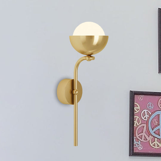 Metallic Hemisphere Wall Sconce With Orb White Glass Shade In Brass/Black And Gold - Traditional