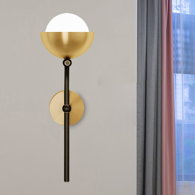 Metallic Hemisphere Wall Sconce With Orb White Glass Shade In Brass/Black And Gold - Traditional