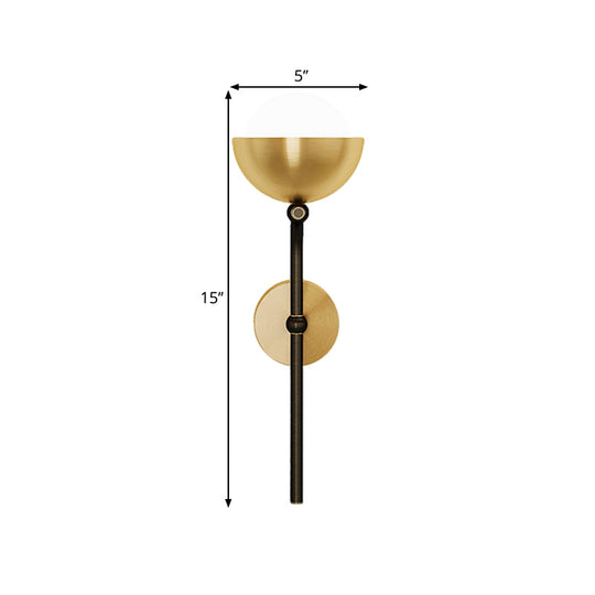Metallic Hemisphere Wall Sconce With Orb White Glass Shade In Brass/Black And Gold - Traditional