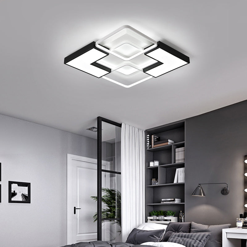 Contemporary Metal Led Ceiling Light Fixture For Living Room - Black Rectangular/Square Flush Design