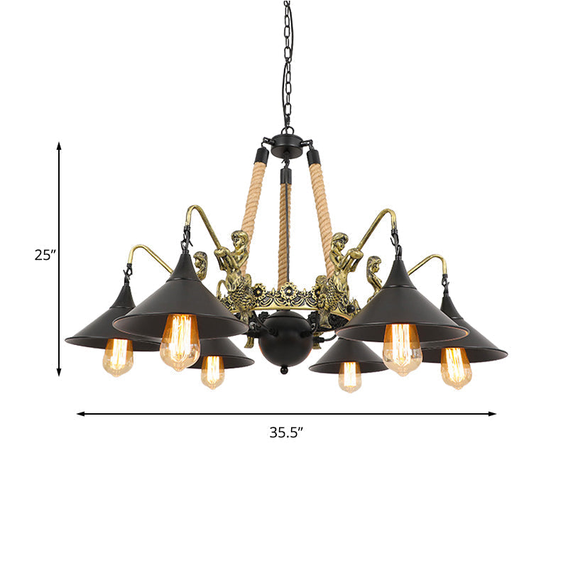 Black Industrial Bell Chandelier Light W/ Mermaid Deco - Metal/Rope Suspension | 6/8 Bulbs