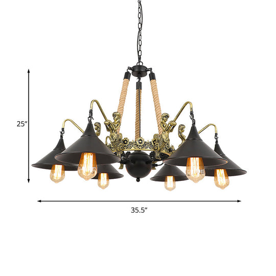 Black Industrial Bell Chandelier Light W/ Mermaid Deco - Metal/Rope Suspension | 6/8 Bulbs