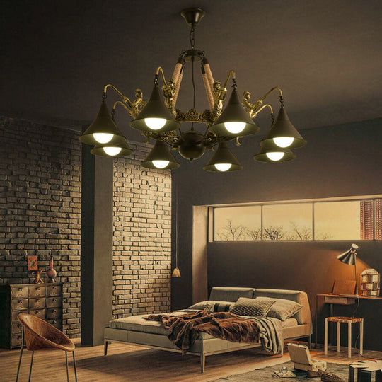 Industrial Bell Chandelier - Metal And Rope Suspension Light With Mermaid Deco Black (6/8 Bulbs)