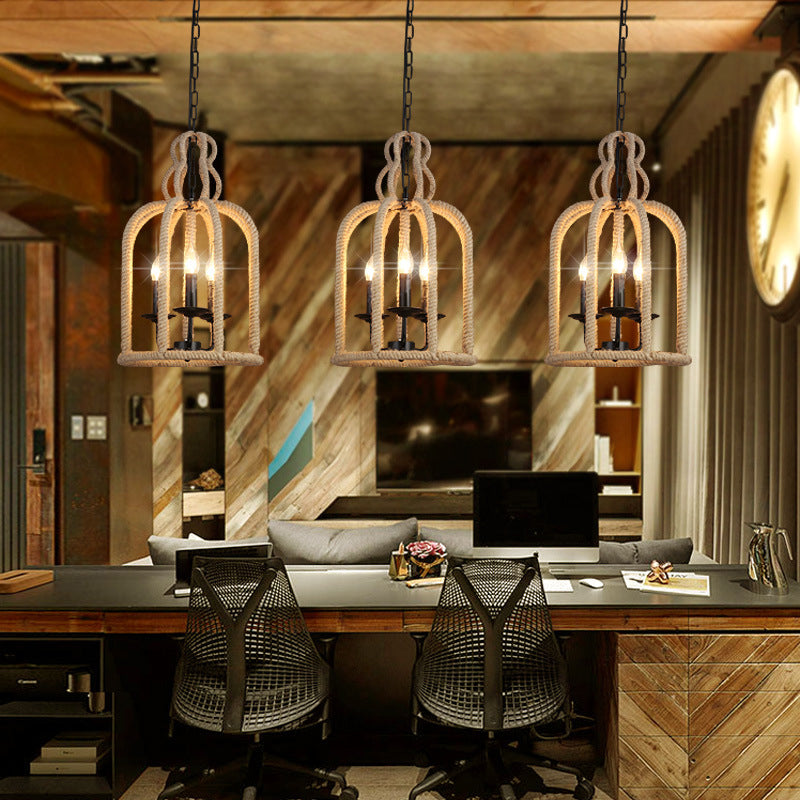 Retro Birdcage Pendant Light: 3 Heads Hanging Lamp In Brown For Dining Room