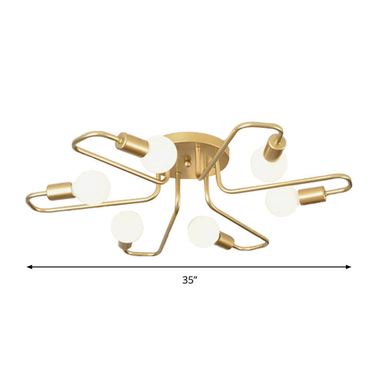 Contemporary Gold/Black/White Sputnik Semi Flush Ceiling Light - 6 - Light Metal Mount For Bedroom
