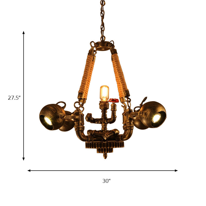 Retro Bronze 5-Light Ball Chandelier With Global Shade - Metal And Rope Pendant For Bars