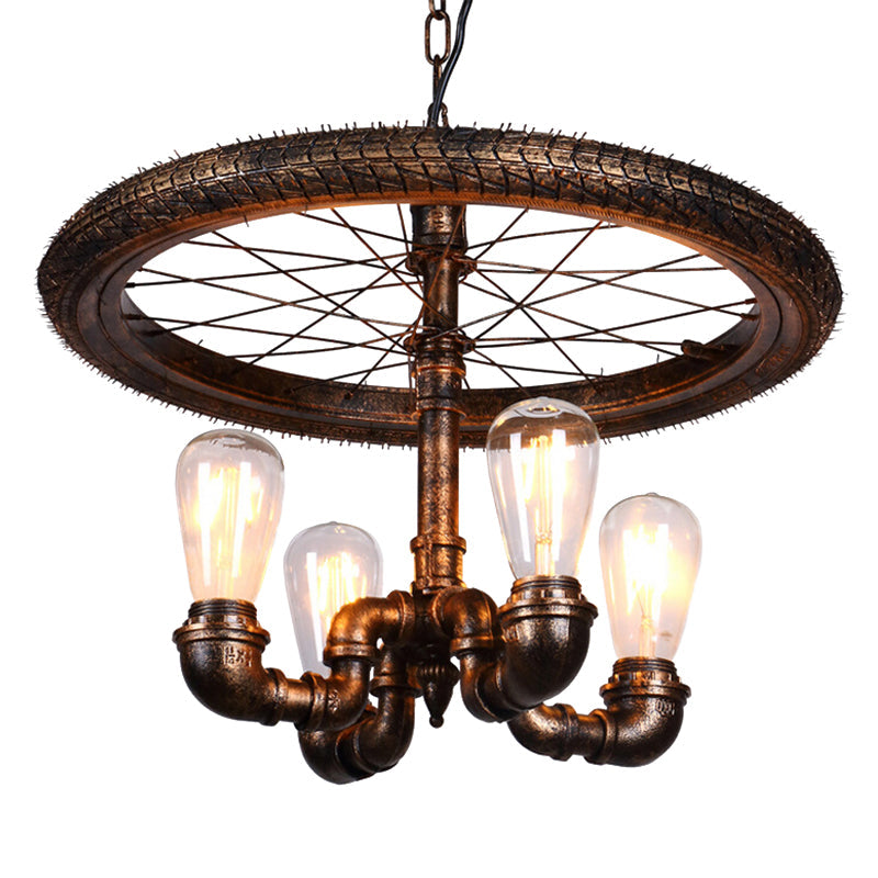 Vintage Metal Chandelier - 4 Lights Rust Pendant Light With Pipe Wheel Design For Living Room