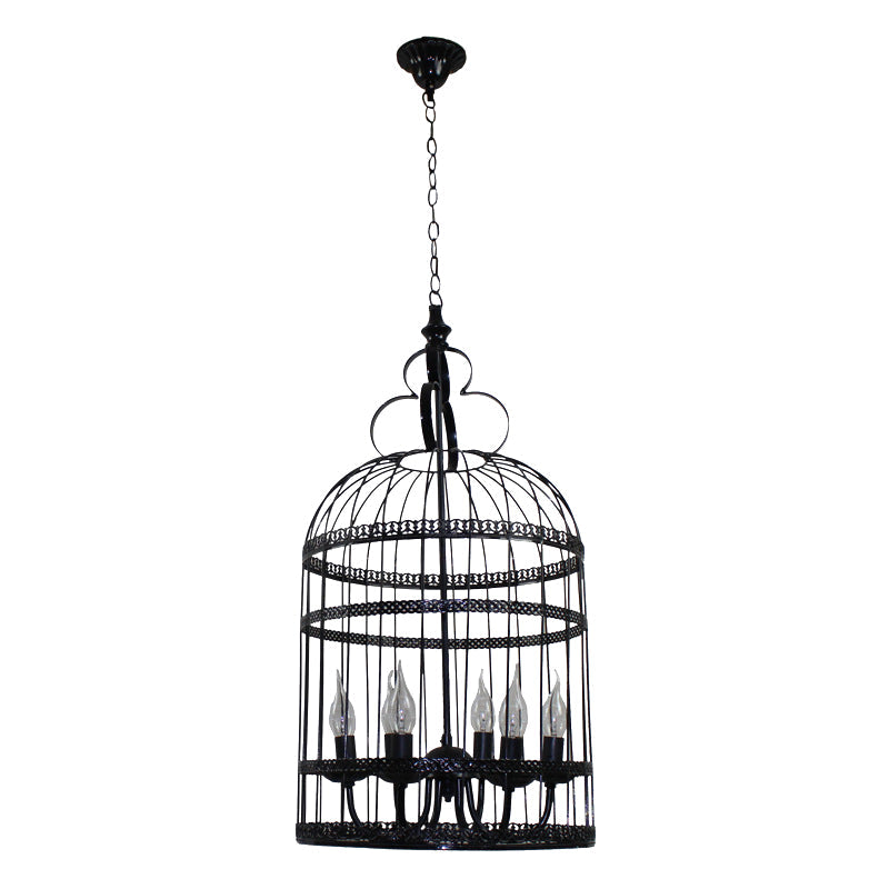 Industrial Style Bird Cage Hanging Light With Candle - Black Metallic Chandelier Lamp For Bedroom