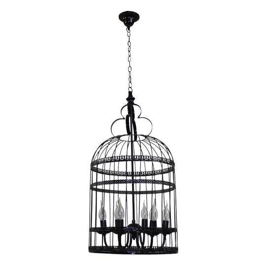 Industrial Style Bird Cage Hanging Light With Candle - Black Metallic Chandelier Lamp For Bedroom
