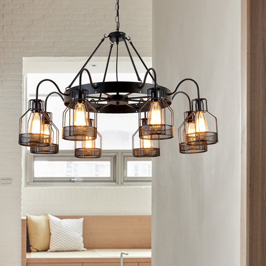 Farmhouse Black Metal Chandelier Light Fixture - 6/8 Heads Bell Hanging Lamp With Cage Style Frame