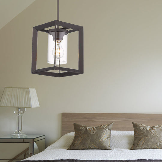 Industrial Black Cylinder Glass Pendant Light - Clear Living Room Ceiling Fixture