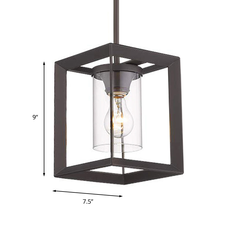 Industrial Black Cylinder Glass Pendant Light - Clear Living Room Ceiling Fixture