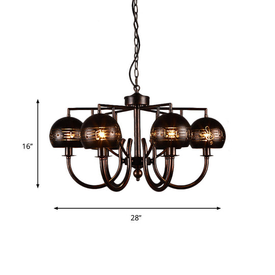 Retro 6-Light Rust Pendant Chandelier With Musical Note Metal – Ideal For Restaurants