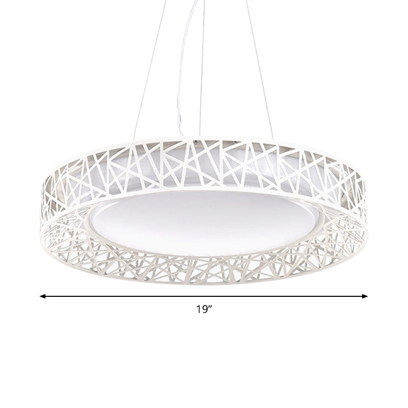 Nordic Metal Led Drum Pendant Light With Hollow Design 12’/15’/19’ Wide In White/Warm/Natural