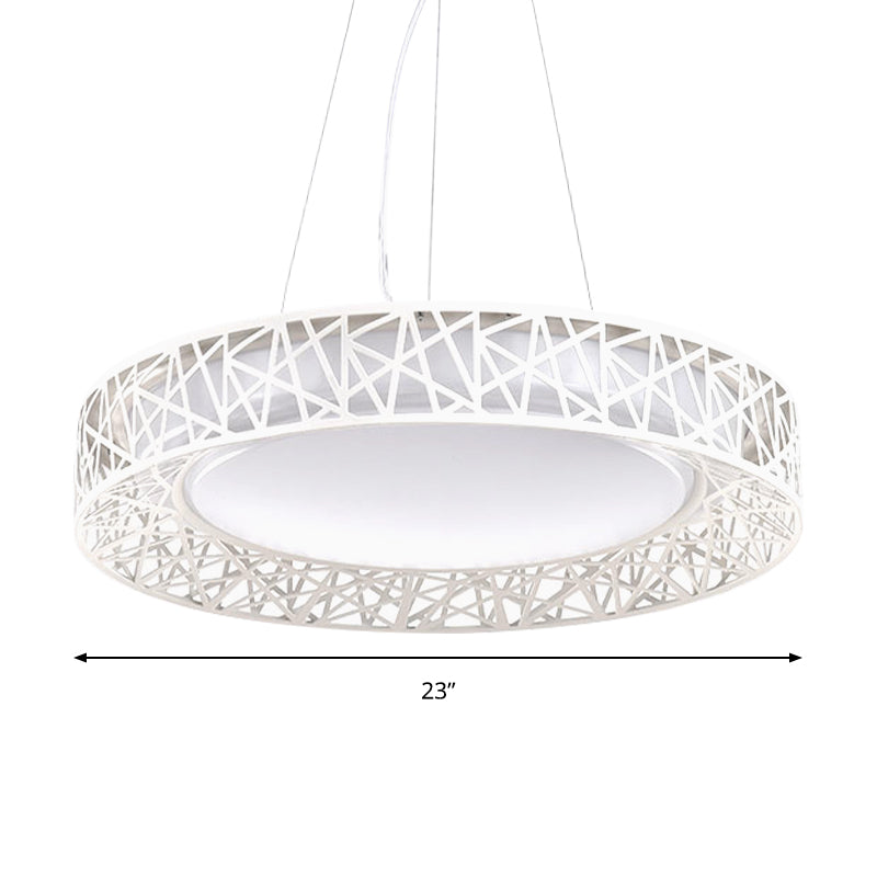 Nordic Metal Led Drum Pendant Light With Hollow Design 12’/15’/19’ Wide In White/Warm/Natural