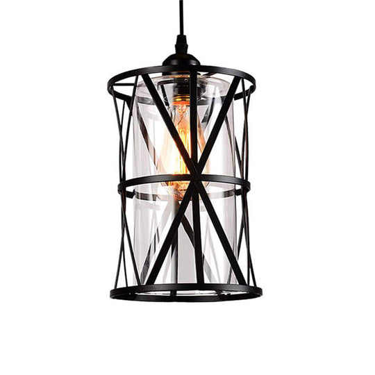 Cylinder Glass Pendant Light In Black With Industrial Iron Frame