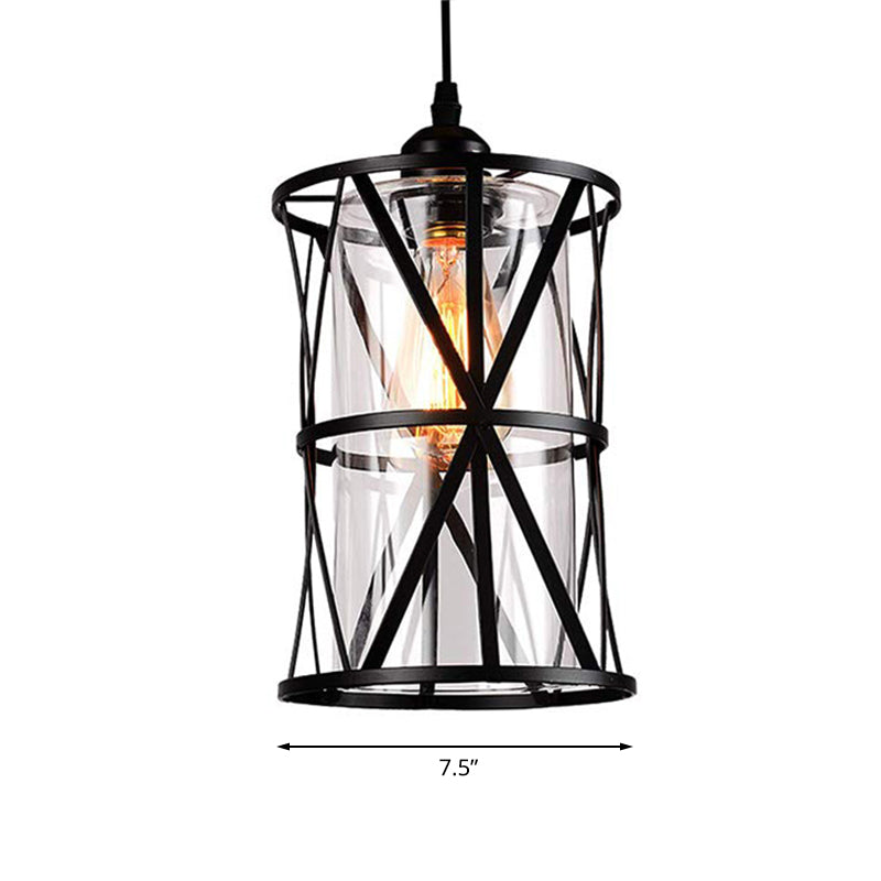 Cylinder Glass Pendant Light In Black With Industrial Iron Frame