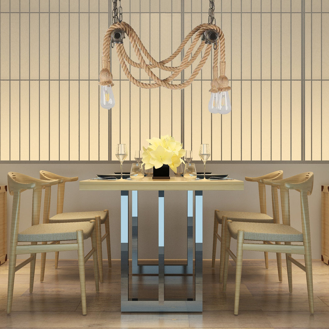 Wrought Iron Bronze Chandelier Lamp With Hemp Rope For Bar - Antique Style 4 Lights Open Bulb