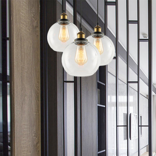 Vintage Industrial Brass Orb Pendant Light With Clear Glass Shade - 3/4-Light Multi Hanging Fixture