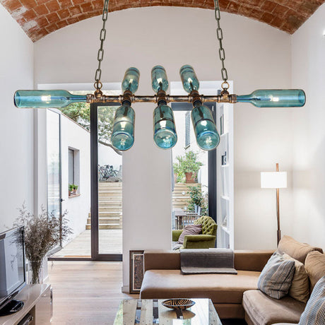 Blue/Amber Vintage Style Glass Bottle Chandelier Pendant Light With 8 Heads For Stairway Blue