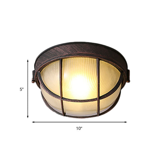 Rustic Ribbed Glass Dome Ceiling Light Fixture With Cage - Single Flush Mount