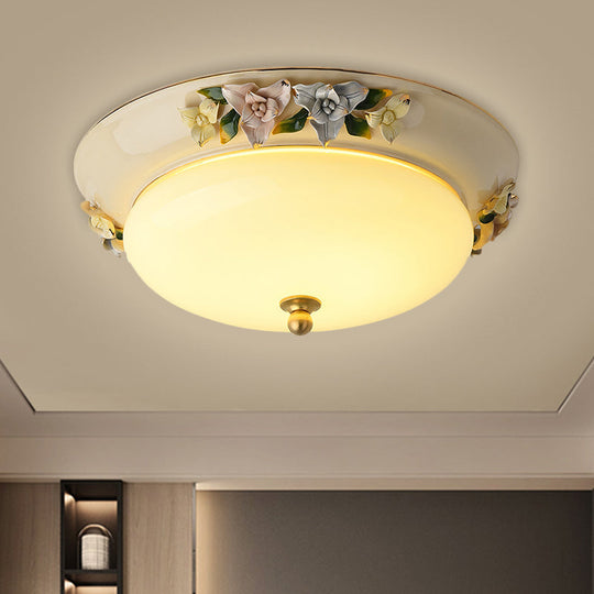Retro Style Led Ceiling Fixture: 12’/14’ Wide Bowl Shape Milky Glass Flush Mount With Blossom