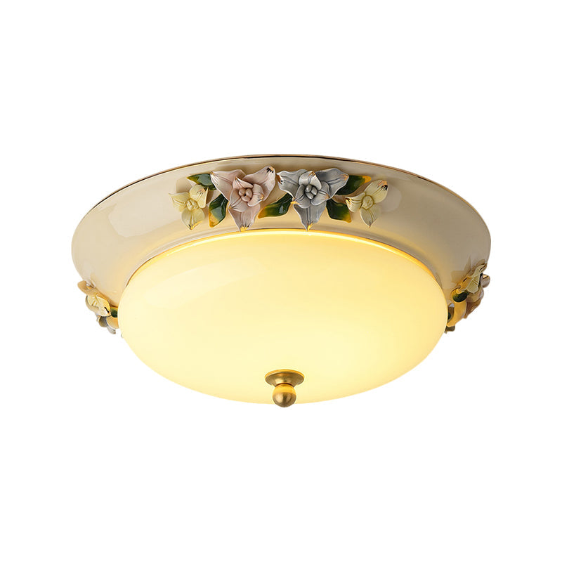 Retro Style Led Ceiling Fixture: 12’/14’ Wide Bowl Shape Milky Glass Flush Mount With Blossom