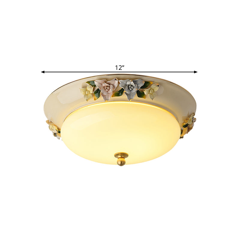 Retro Style Led Ceiling Fixture: 12/14 Wide Bowl Shape Milky Glass Flush Mount With Blossom Decor -