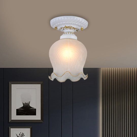 Countryside Scalloped Ceiling Flush Light Fixture In White - Ribbed Opal Glass 1 Bulb