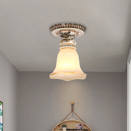 Vintage Floral Flush Ceiling Light With White Opaline Glass And Carving Pattern