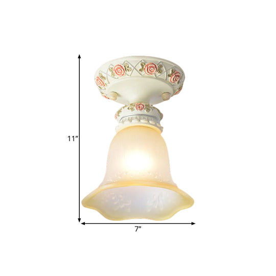 Vintage Floral Flush Ceiling Light With White Opaline Glass And Carving Pattern