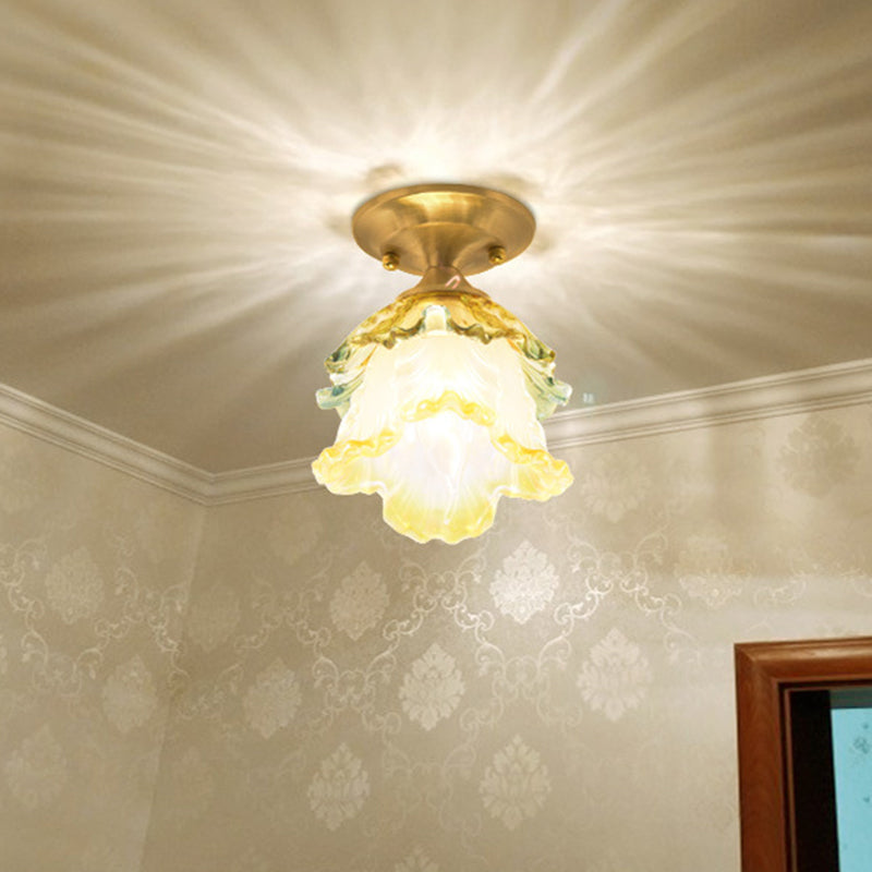 Colorful Ruffle Bloom Glass Ceiling Light With Brass Flush Mount