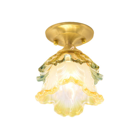 Colorful Ruffle Bloom Glass Ceiling Light With Brass Flush Mount