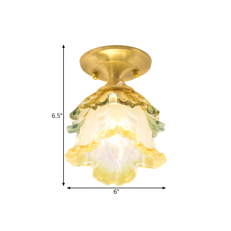Colorful Ruffle Bloom Glass Ceiling Light With Brass Flush Mount
