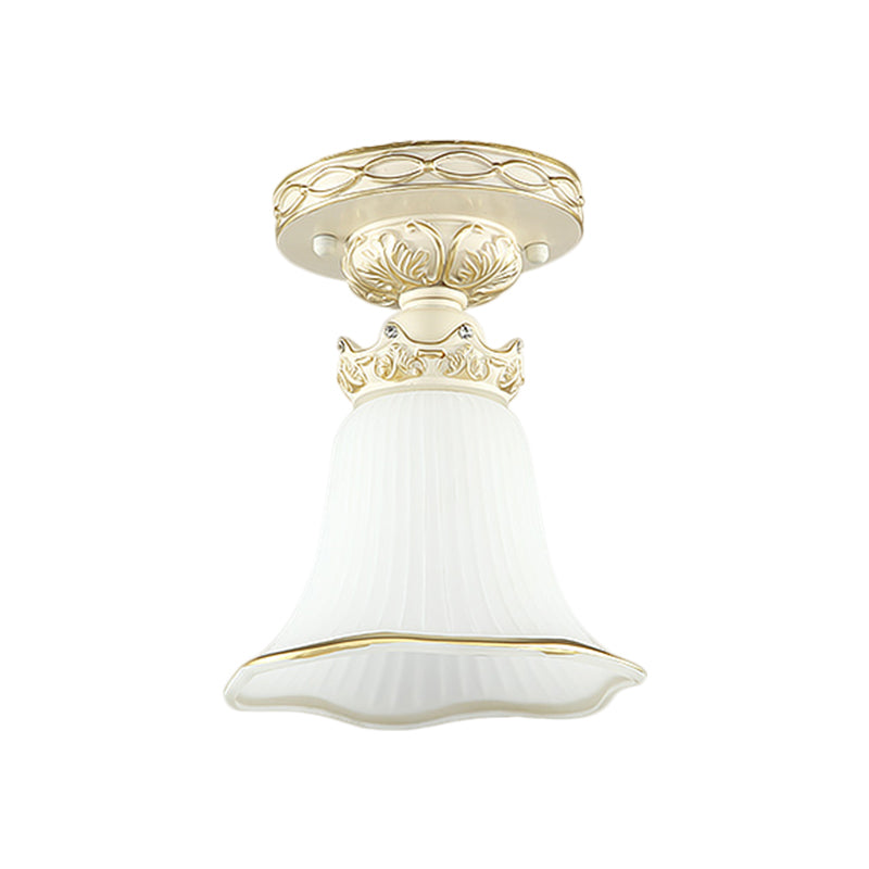 1 - Head Vintage Flush Mount Ceiling Light With Milky Glass Flower Design White
