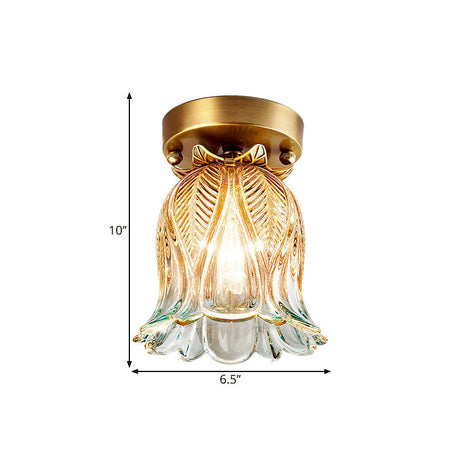Farmhouse Flower Lattice Brass Flush Mount Ceiling Lamp With Clear Glass
