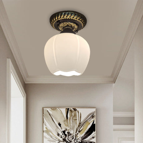 Country Blossom Flush Mount Ceiling Lighting - Single Bulb Milky Glass In Brown
