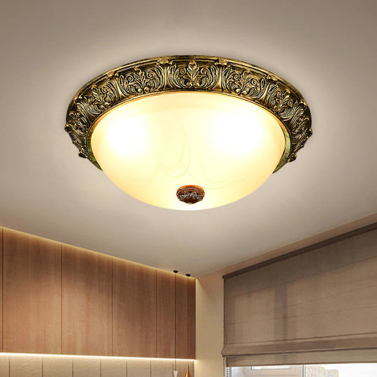 Dome Shaped Rustic Flush Mount Lighting With Opaline Glass In White/Brass - Available 11/15/19 Sizes