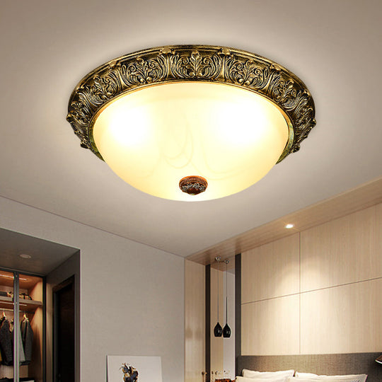 Dome Shaped Rustic Flush Mount Lighting With Opaline Glass In White/Brass - Available