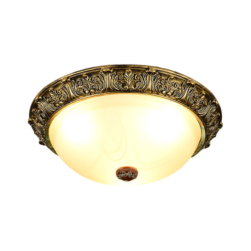 Dome Shaped Rustic Flush Mount Lighting With Opaline Glass In White/Brass - Available