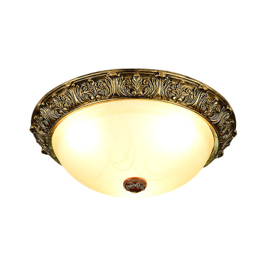 Dome Shaped Rustic Flush Mount Lighting With Opaline Glass In White/Brass - Available 11/15/19 Sizes