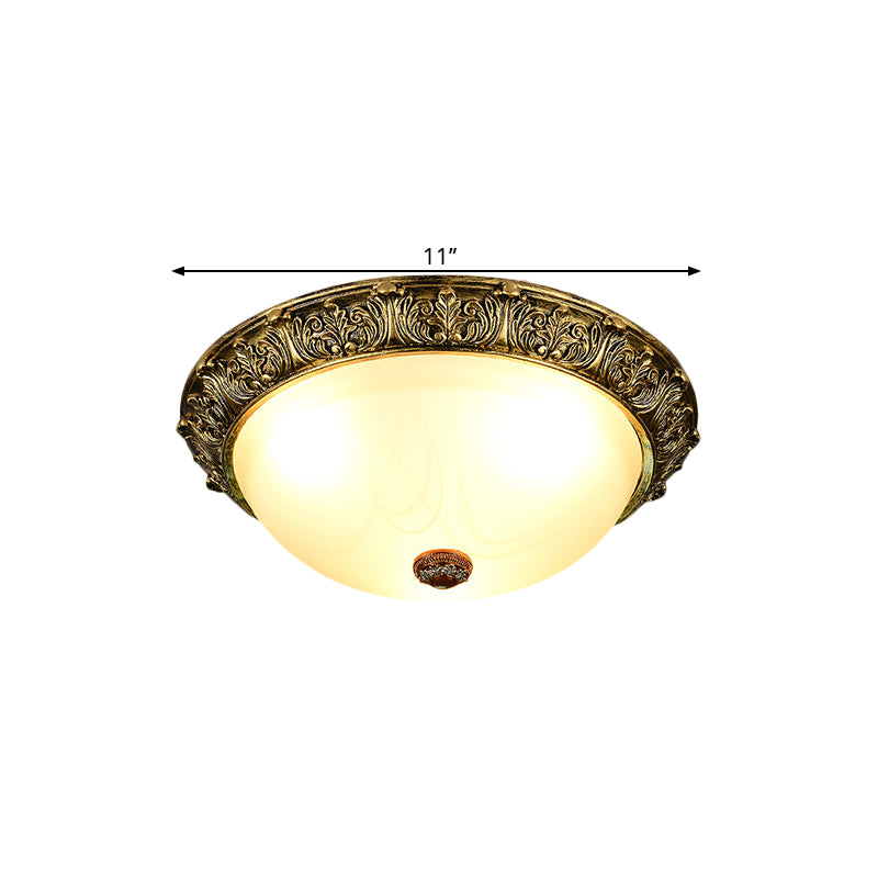 Dome Shaped Rustic Flush Mount Lighting With Opaline Glass In White/Brass - Available 11/15/19 Sizes