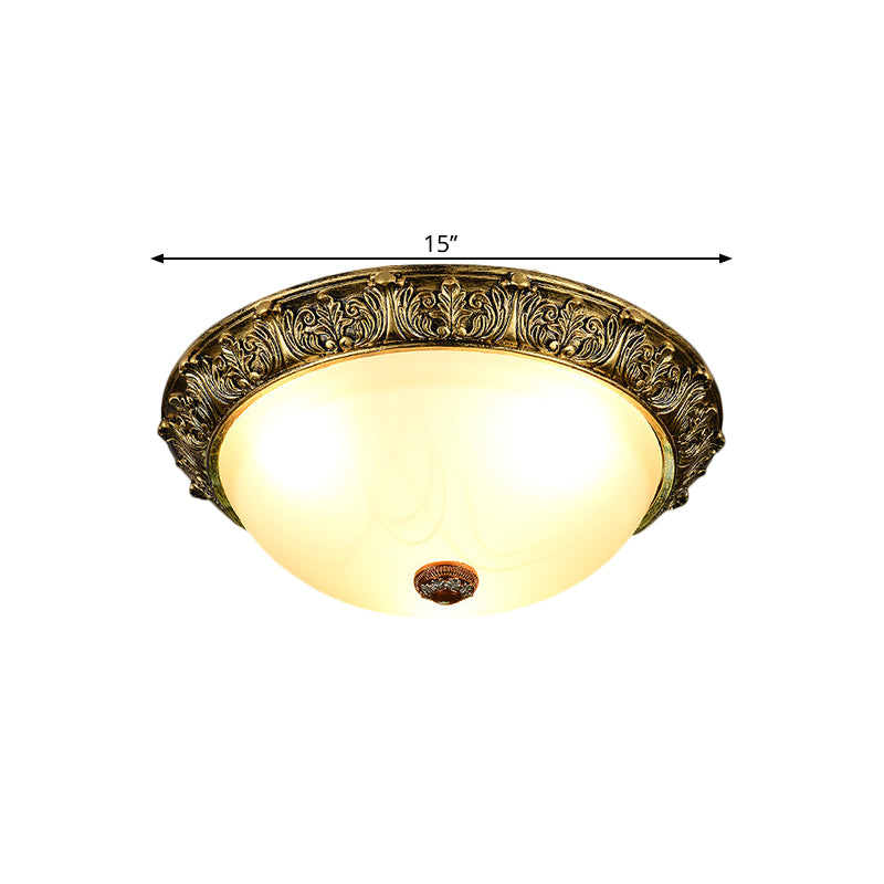 Dome Shaped Rustic Flush Mount Lighting With Opaline Glass In White/Brass - Available 11/15/19 Sizes