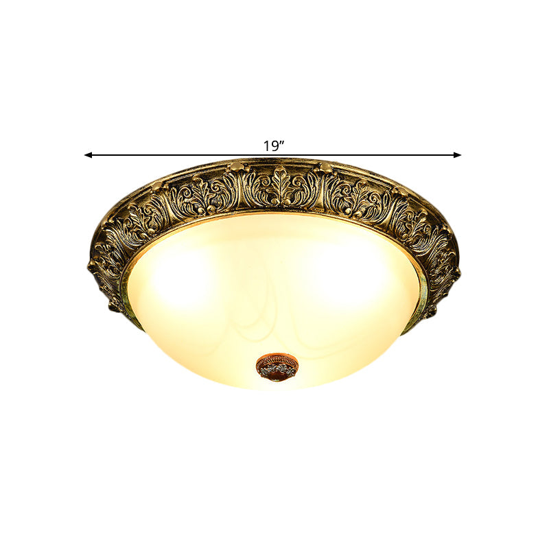 Dome Shaped Rustic Flush Mount Lighting With Opaline Glass In White/Brass - Available